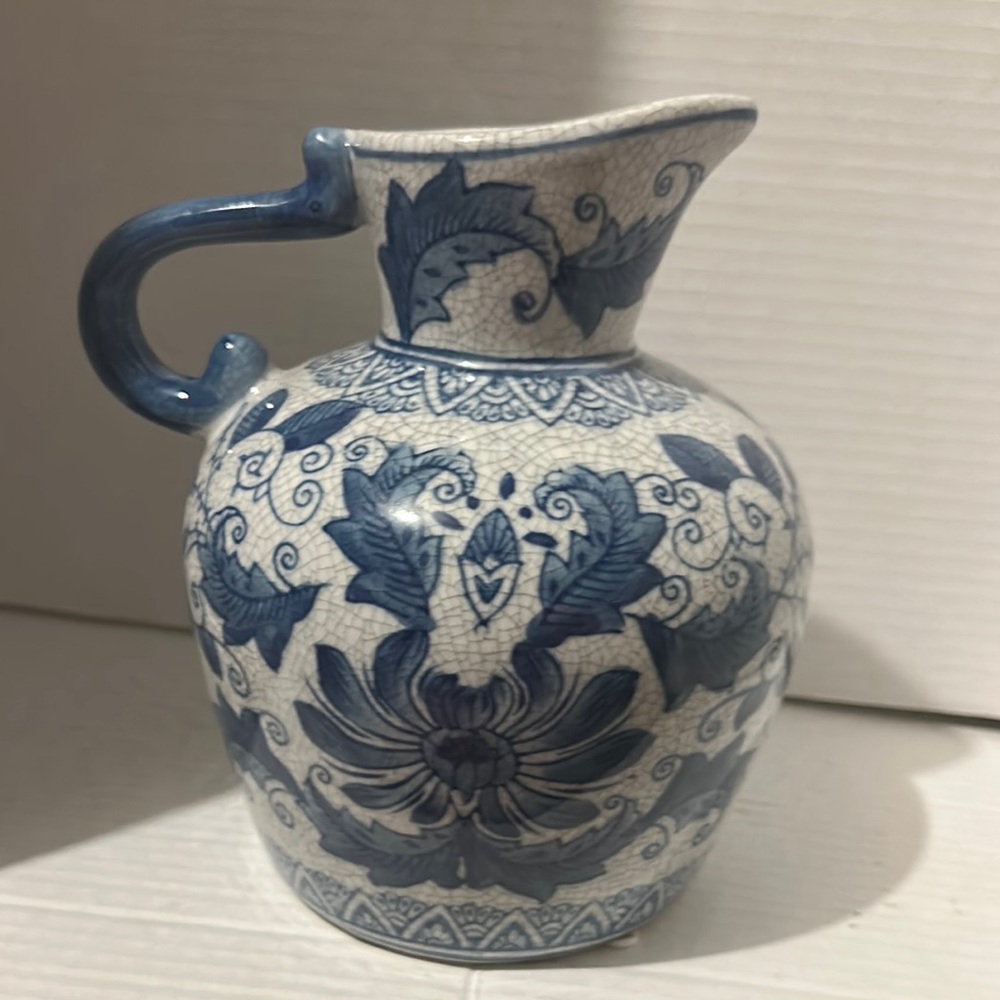 Blue and White Ceramic Art Vase with Floral Motifs